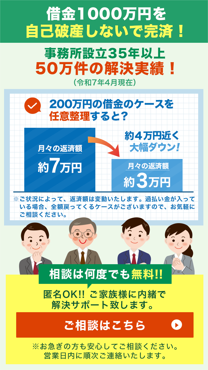 借金1000万円を自己破産しないで完済！ 事務所設立35年以上 50万件の解決実績！