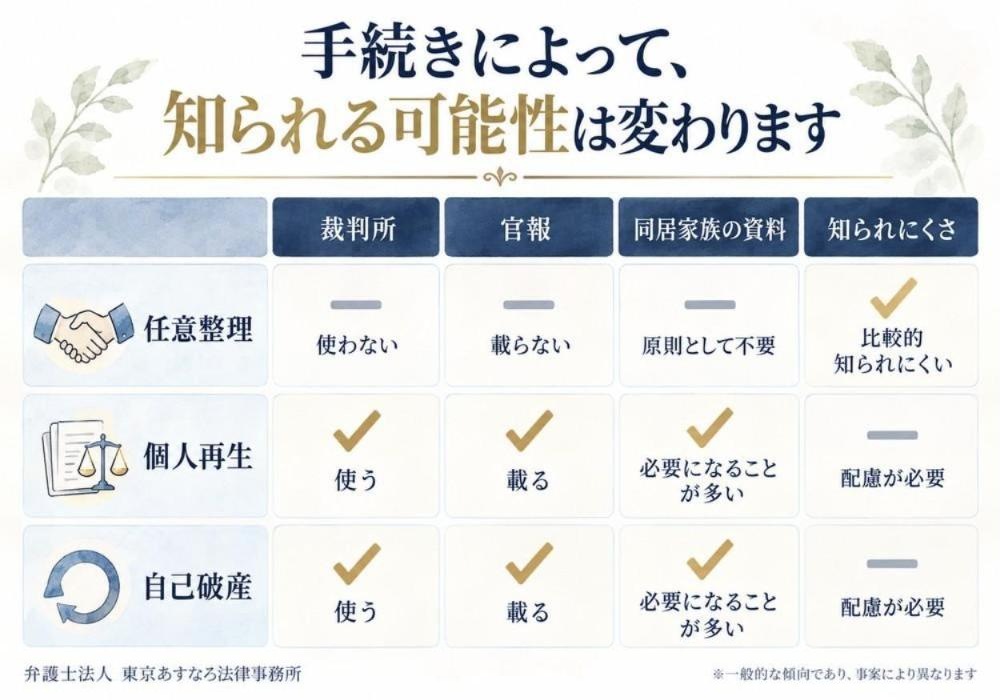 手続きによって、知られる可能性は変わります（任意整理・個人再生・自己破産の比較）